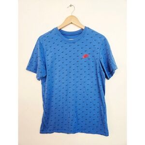 Nike Mens All Over Print Swoosh T-Shirt Blue Red Logo Crew Neck Tee Size Medium‎